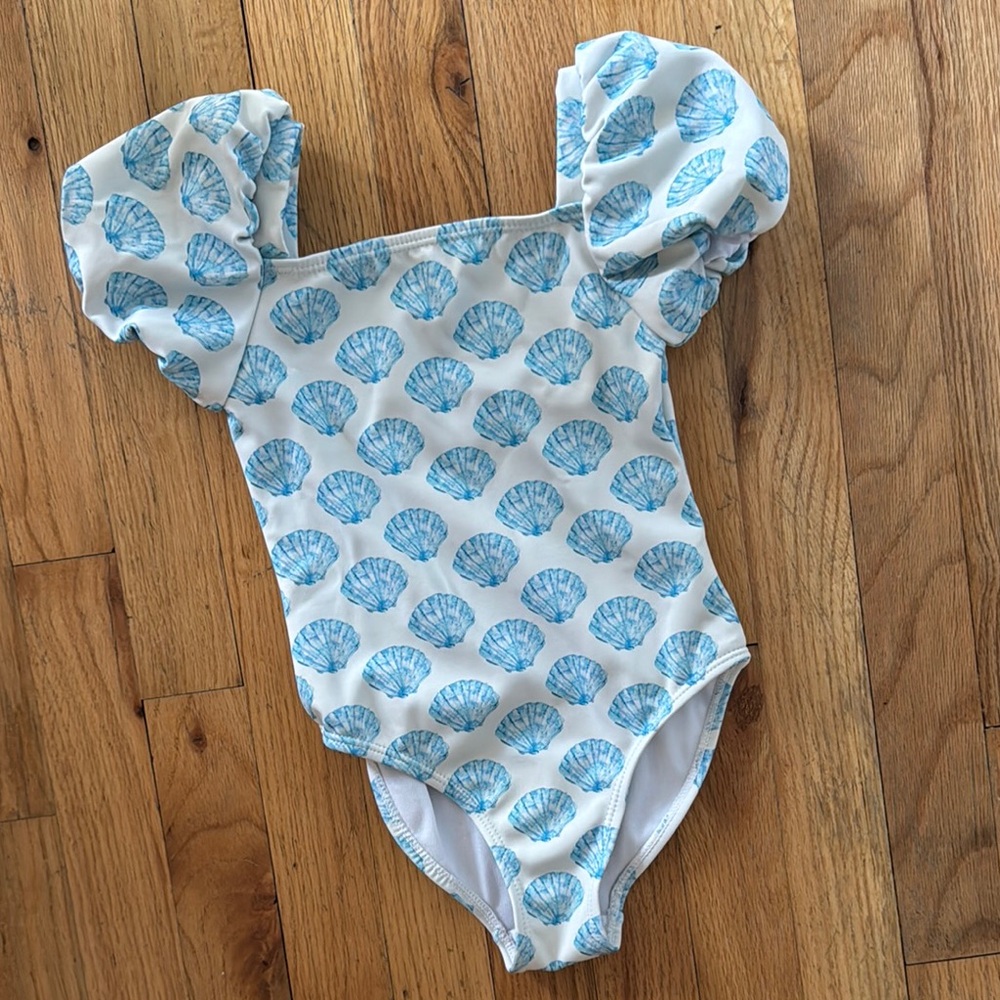 Habitual kids girls White and Blue seashell Print puff sleeve Swimsuit size 5